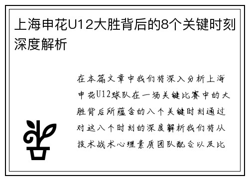 上海申花U12大胜背后的8个关键时刻深度解析